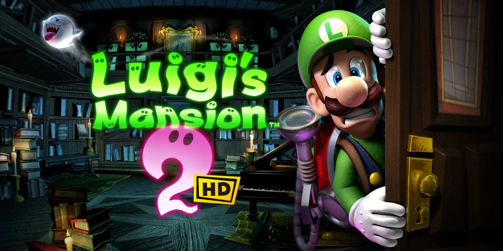A promotional image for Luigi's Mansion 2 HD, showing Luigi peeking out from behind a door in a haunted mansion.