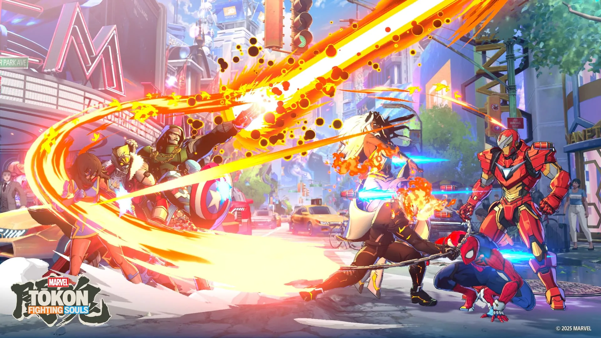 Gameplay screenshot from Marvel Tokon: Fighting Souls. Multiple Marvel characters are engaged in a dynamic fight on a city street stage, featuring bright orange and blue energy effects. The game's logo is in the bottom left corner.