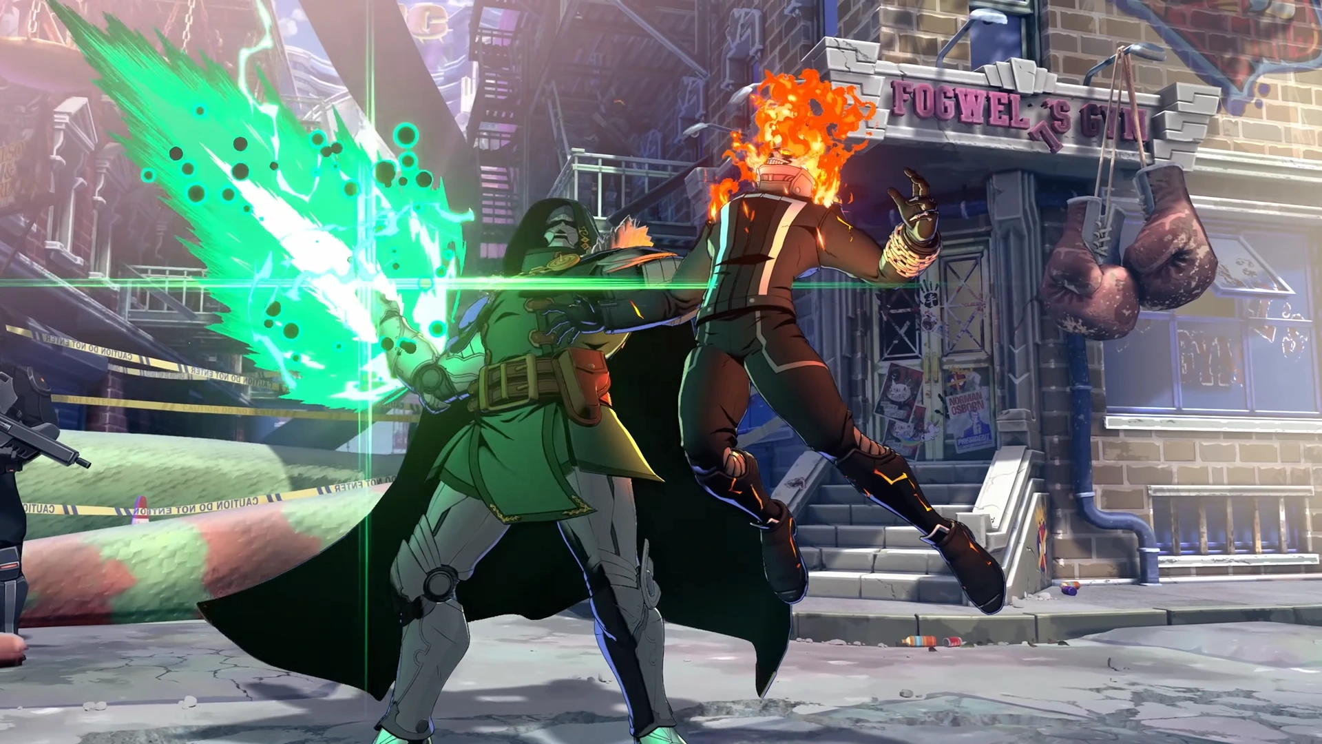 A dynamic fighting game scene from MARVEL Tōkon: Fighting Souls, featuring Doctor Doom and Ghost Rider mid-combat in a city street.
