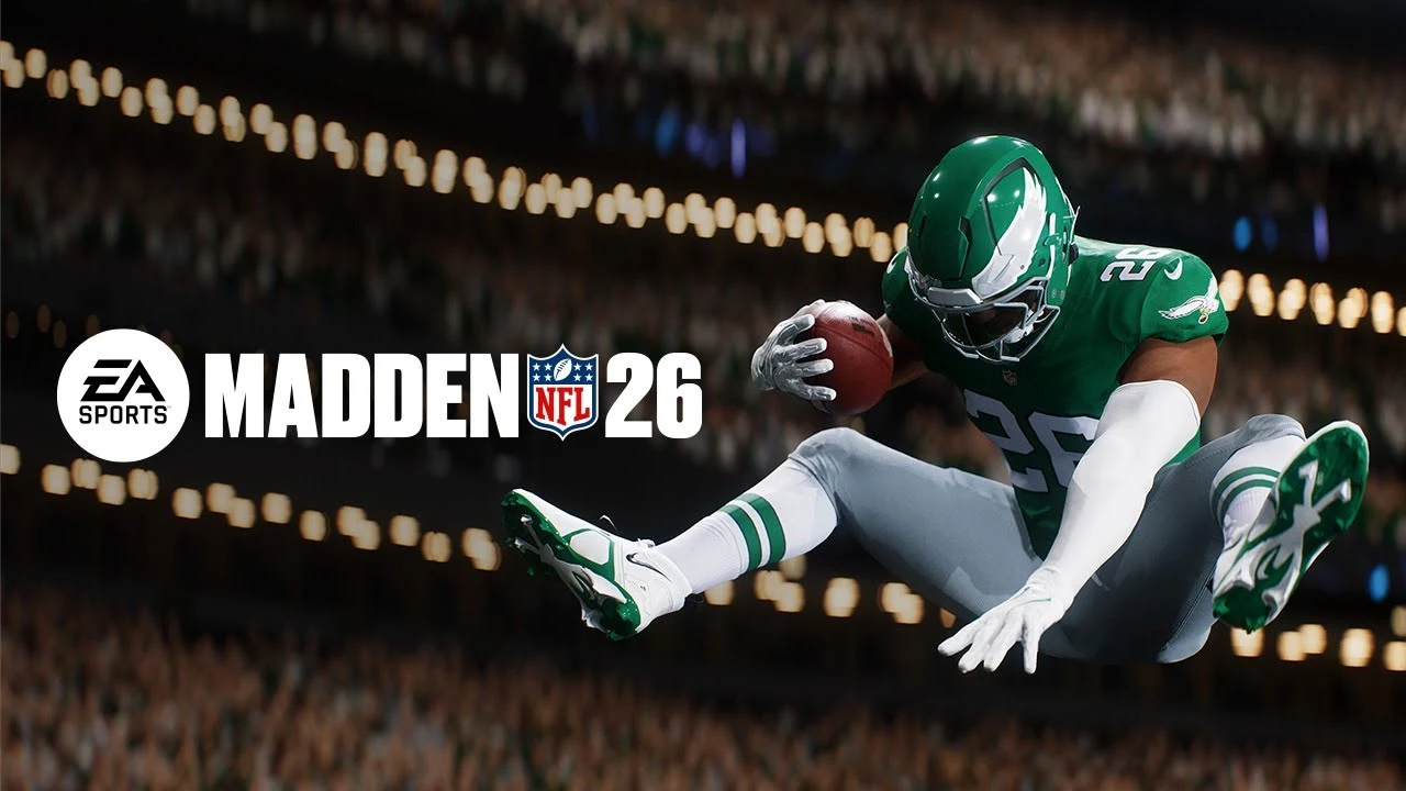 Promotional image for Madden NFL 26 featuring a football player in a green uniform leaping with the ball.