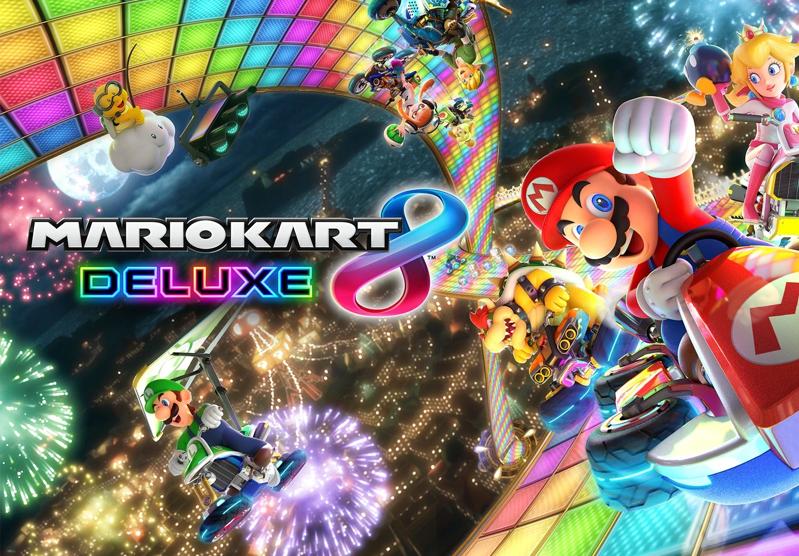 The key art for Mario Kart 8 Deluxe, featuring Mario in the foreground on a kart, with Princess Peach, Luigi, and other characters racing on a rainbow road track under a night sky filled with fireworks.