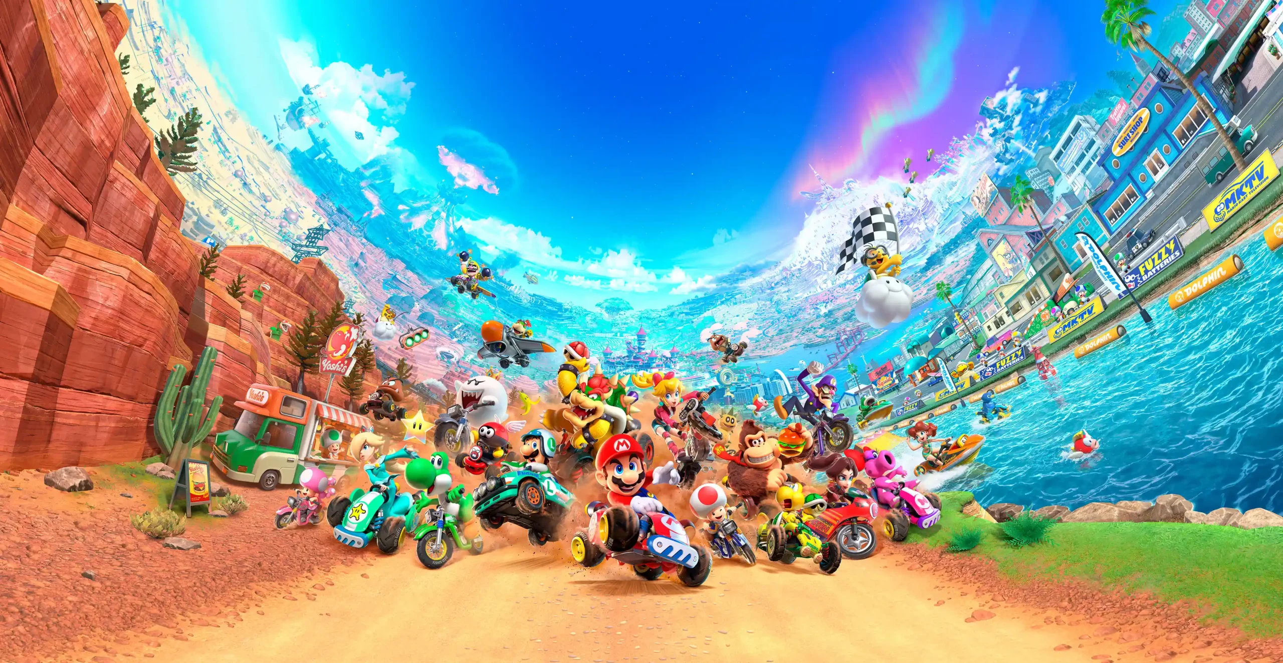 An energetic, panoramic image of various Mario Kart characters racing across diverse environments, including a desert road and a coastal town, under a vibrant blue sky.