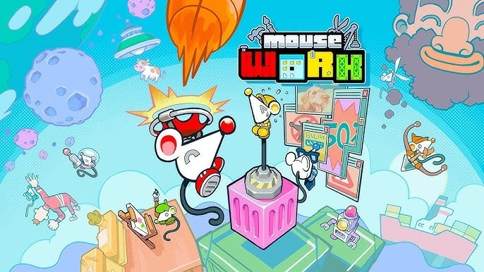 Promotional image for Mouse Work, with a quirky, colorful art style and various characters.