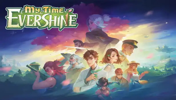 The key art for My Time at Evershine, featuring a large cast of characters in various poses and attire, against a backdrop of a fantastical landscape with a sunset sky and floating islands.