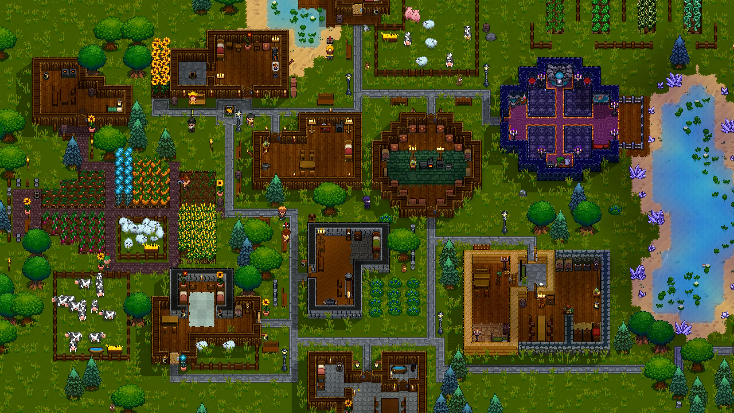 An overhead screenshot from Necesse showcasing a sprawling village with multiple wooden buildings, farms, paths, and a unique purple structure near a lake.