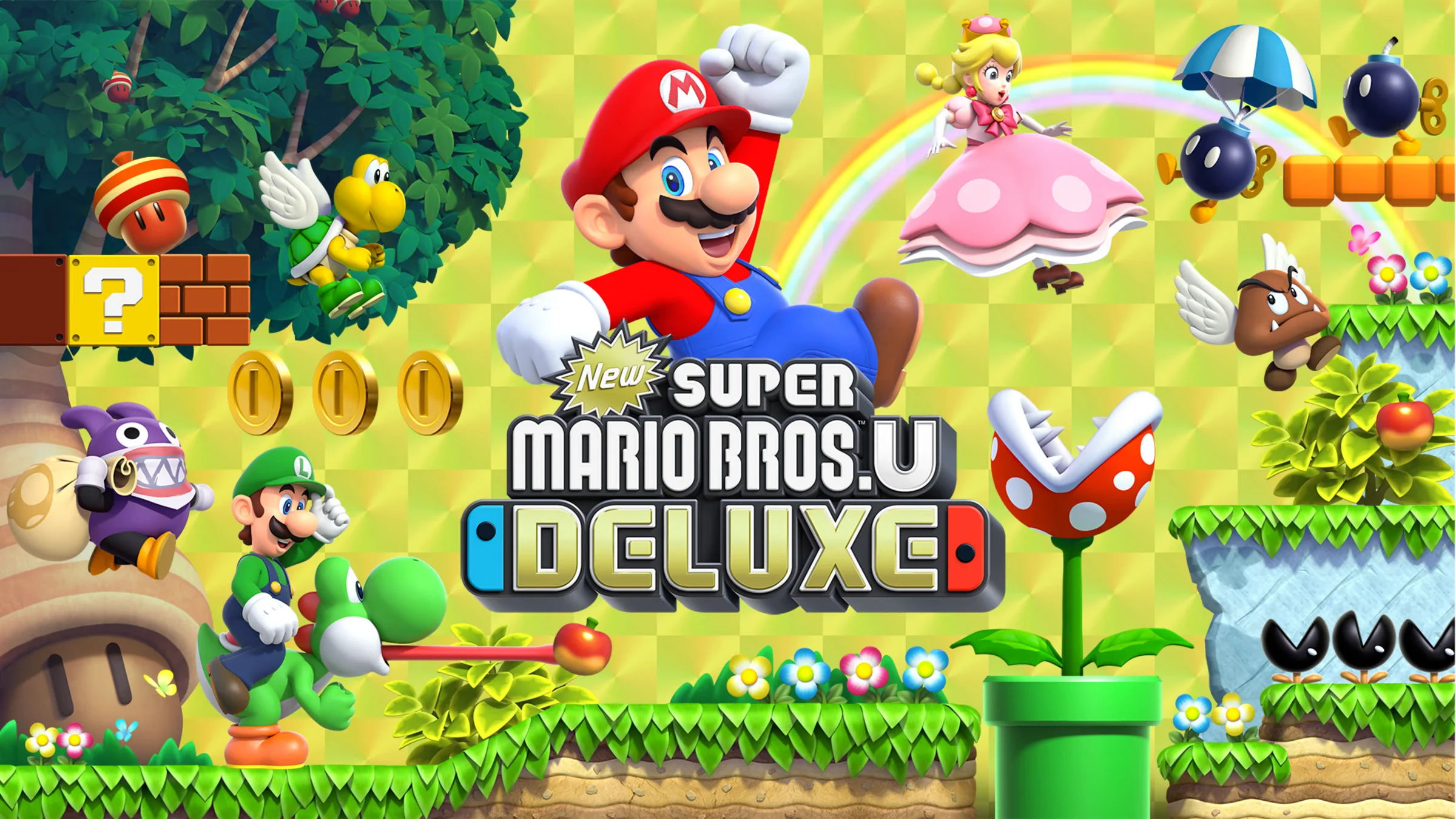 The key art for New Super Mario Bros. U Deluxe, showing Mario punching a block, with Luigi on Yoshi, Princess Peach, a Goomba, a Piranha Plant, and other enemies and items in a colorful 2D platforming environment.