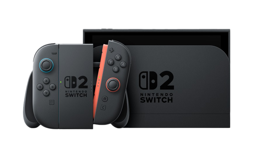 The Nintendo Switch 2 console with attached dark gray Joy-Cons. The right Joy-Con features distinctive bright orange face buttons, and the 'Switch 2' logo is visible on the console and controllers.
