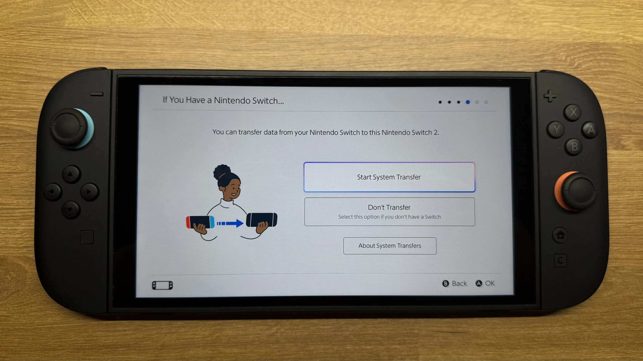 A Nintendo Switch 2 console displaying the initial setup screen for transferring data from an original Nintendo Switch.