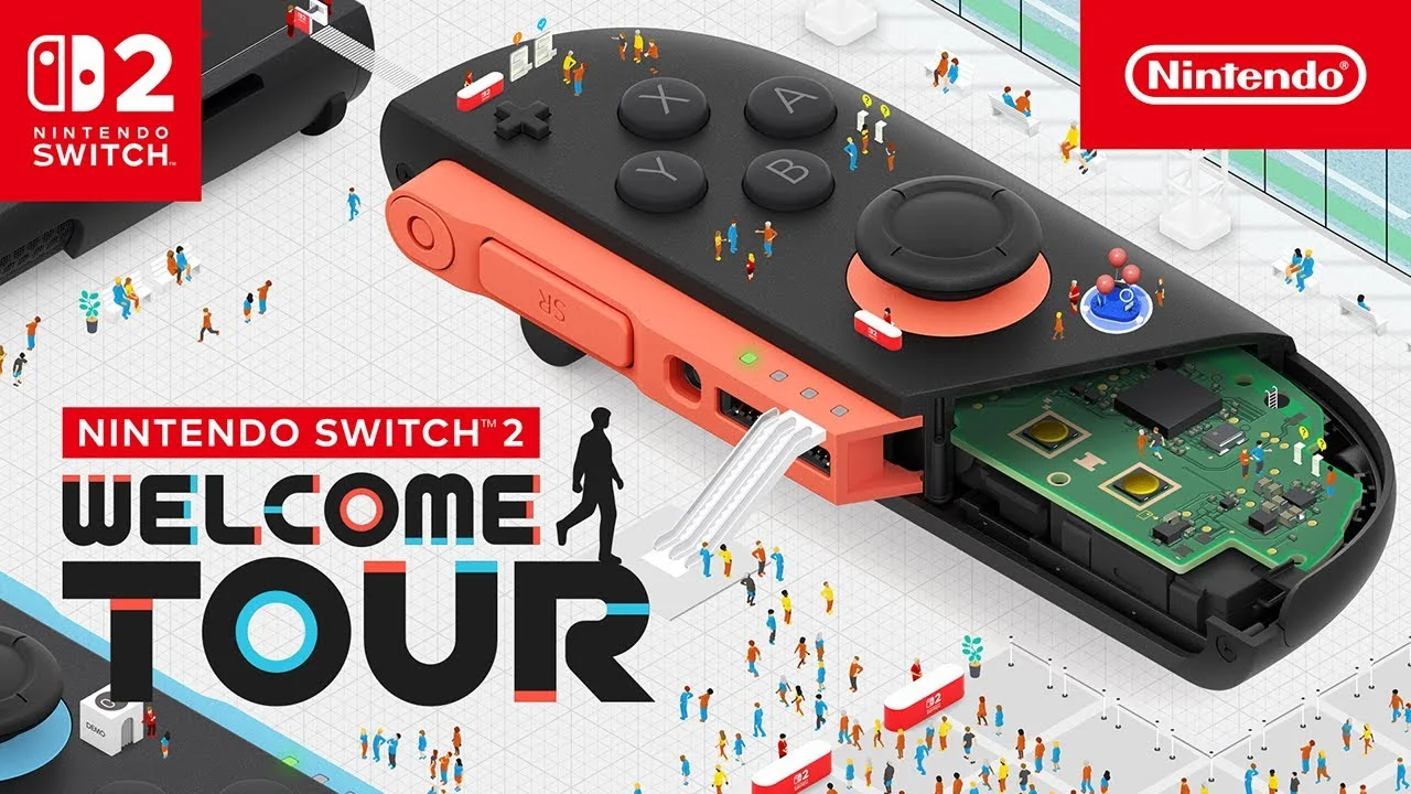 Promotional image for Nintendo Switch 2 Welcome Tour, showing a large, deconstructed controller with tiny people.