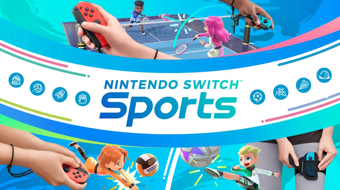 The key art for Nintendo Switch Sports, featuring a collage of stylized characters playing different sports like tennis and soccer, with hands holding Nintendo Switch Joy-Cons indicating motion controls.