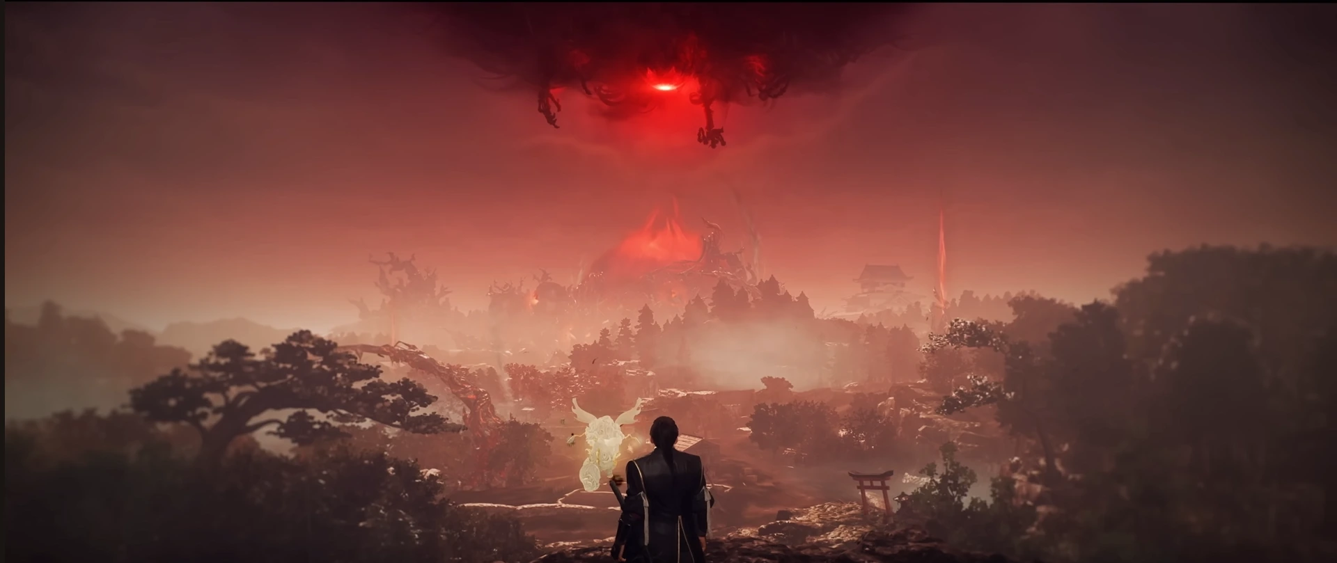 A dramatic scene from Nioh 3, showing a lone warrior facing a monstrous red sky and a distant fiery landscape.
