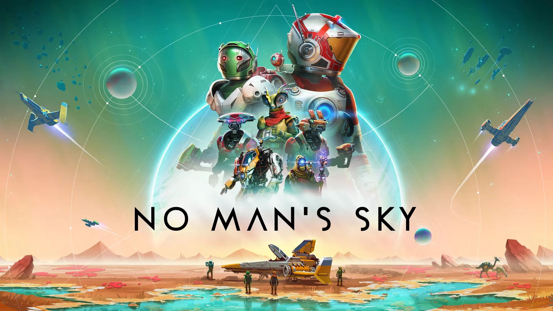 The key art for No Man's Sky – Switch 2 Edition, showing a group of diverse alien characters and their starships on a red alien planet landscape, with other planets and spaceships in the sky above.
