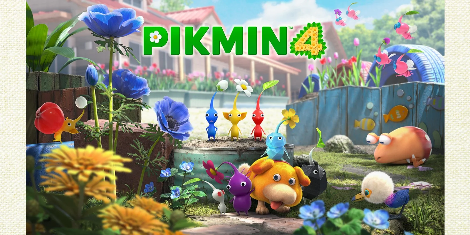 The key art for Pikmin 4, depicting a backyard or garden setting with different colored Pikmin (red, yellow, blue, winged, ice, purple, white), the dog-like companion Oatchi, and a few enemies, with a house in the background.