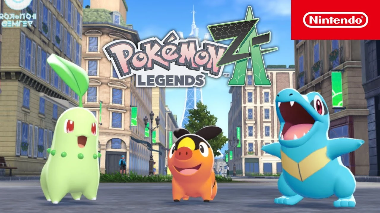 Promotional image for Pokémon Legends: Z-A featuring Chikorita, Tepig, and Totodile in a city setting.