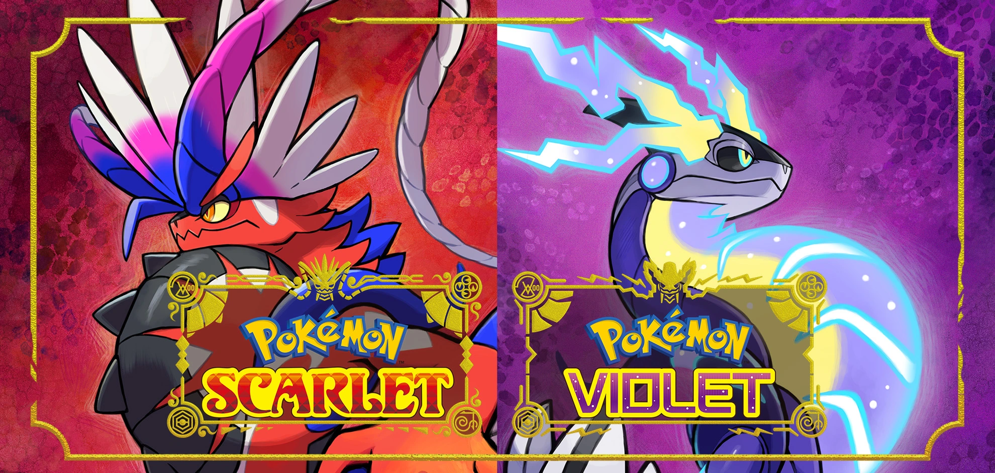The promotional image for Pokémon Scarlet and Pokémon Violet, divided vertically, with the red legendary Pokémon Koraidon and the "Pokémon Scarlet" logo on the left, and the purple legendary Pokémon Miraidon and the "Pokémon Violet" logo on the right.