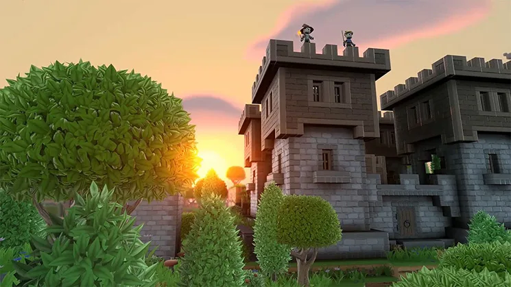 A blocky, medieval-style stone castle with two characters on its battlement, set against a sunset sky in the game Portal Knights.