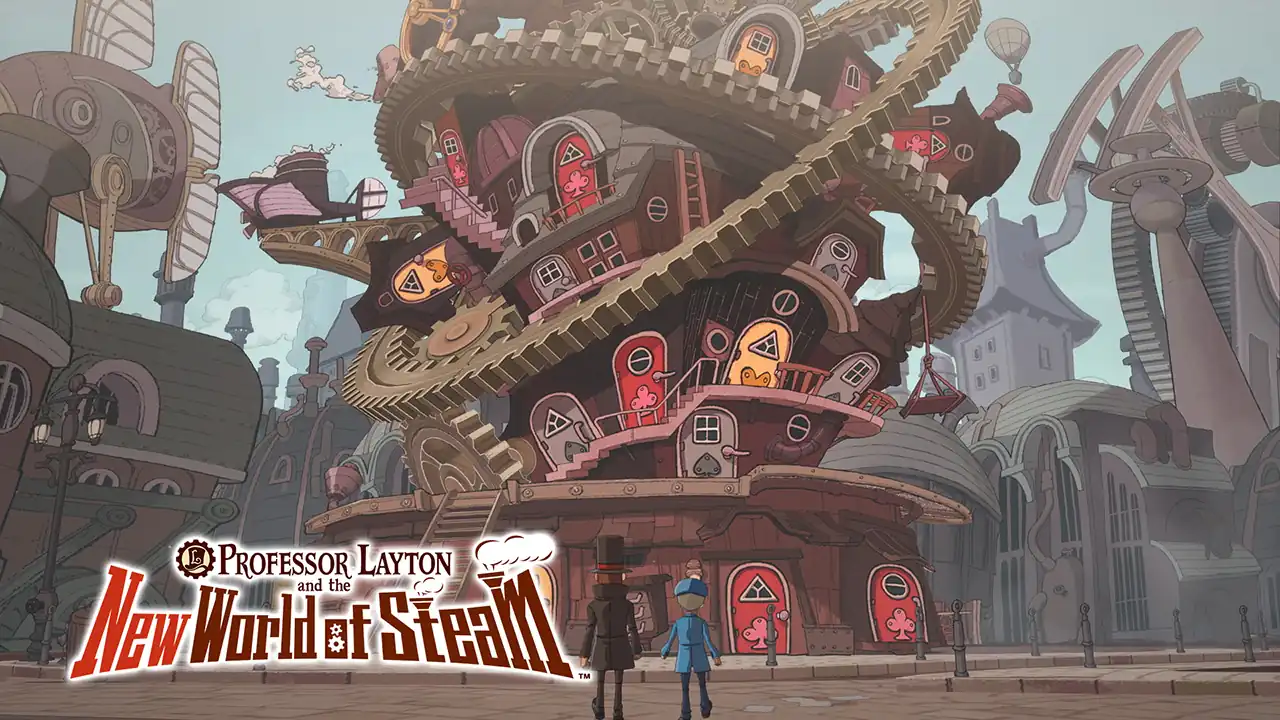 A promotional image for Professor Layton and the New World of Steam, showing Layton and Luke looking at a large, intricate steampunk building.