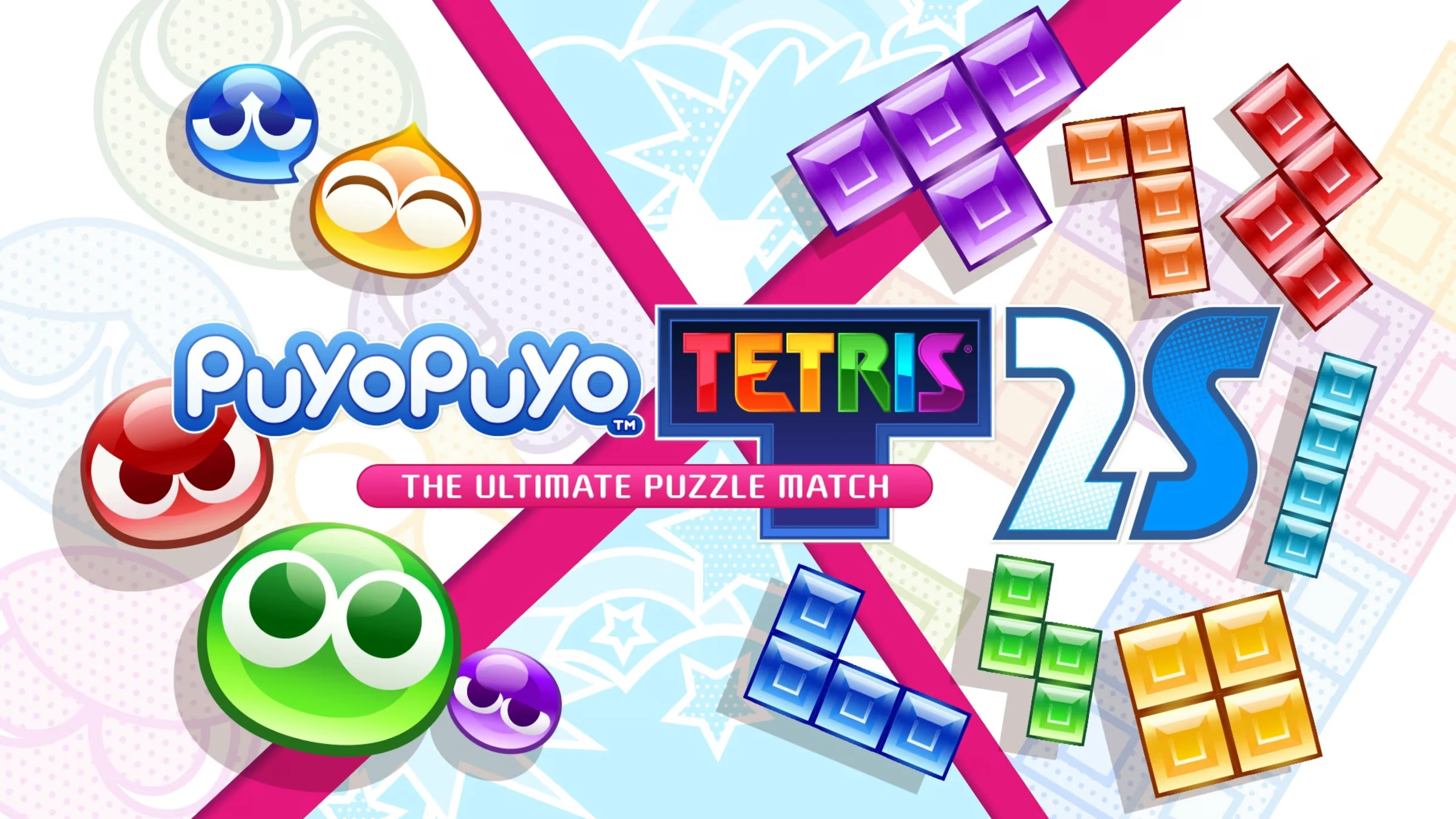 The promotional image for Puyo Puyo Tetris 2S, displaying the game's title in a stylized font with various colorful Puyo blobs on the left and Tetris blocks on the right, against a light blue and pink background with abstract shapes.