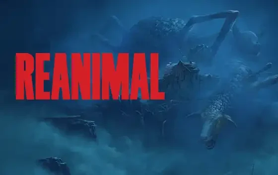 The title card for "Reanimal" featuring the red text of the title over a shadowy, large, multi-limbed creature, possibly a spider or a hybrid monster, in a smoky or cloudy environment.
