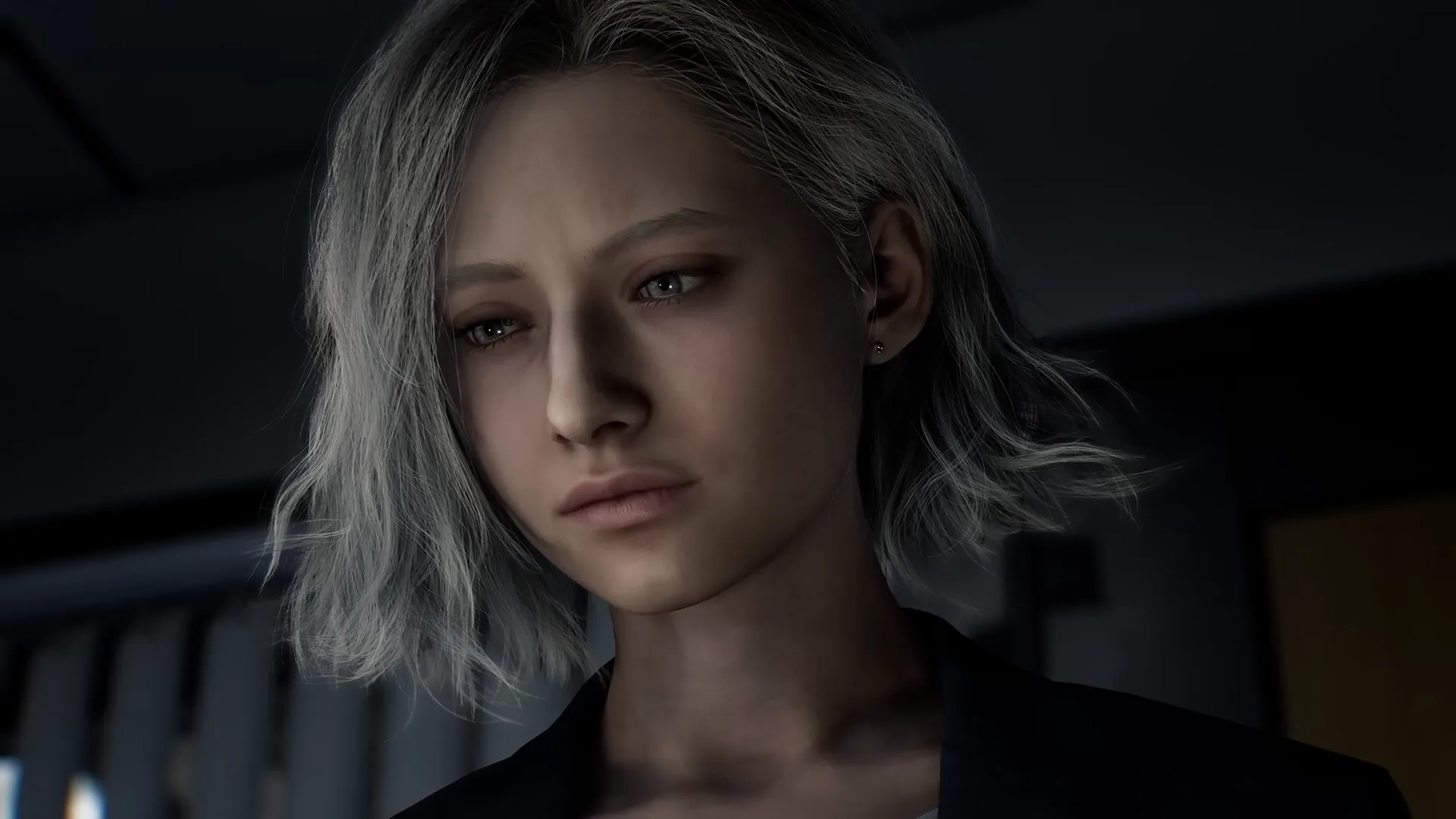 A close-up shot of Grace Ashcroft, the new protagonist of Resident Evil Requiem, with her short, light-colored hair and a somber expression.