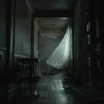 A haunting view down a long, dimly lit corridor within a ruined building in Resident Evil Requiem. The walls are grimy, the wooden floor is wet, and a translucent white curtain billows eerily in the distance.