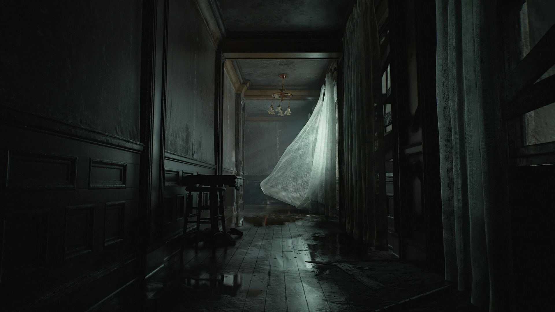 A haunting view down a long, dimly lit corridor within a ruined building in Resident Evil Requiem. The walls are grimy, the wooden floor is wet, and a translucent white curtain billows eerily in the distance.