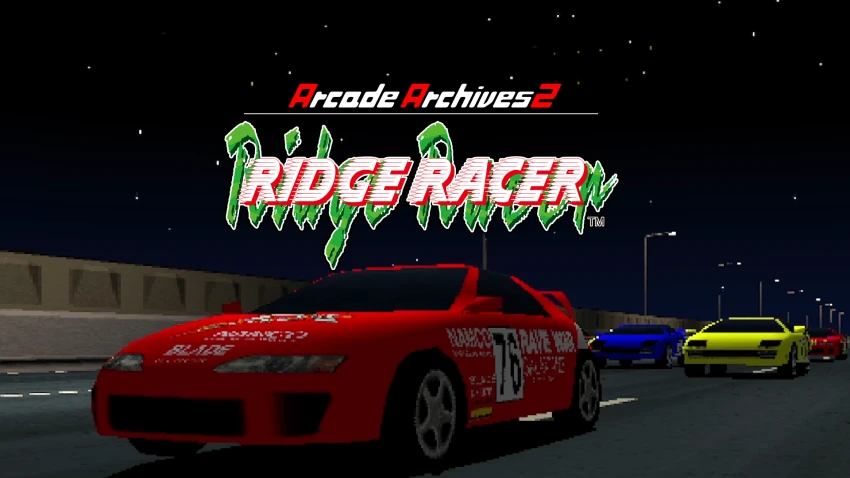 The key art for Ridge Racer (Arcade Archives 2), featuring a red race car in the foreground with other cars behind it, on a nighttime track with city lights in the distance, rendered in a classic arcade style.