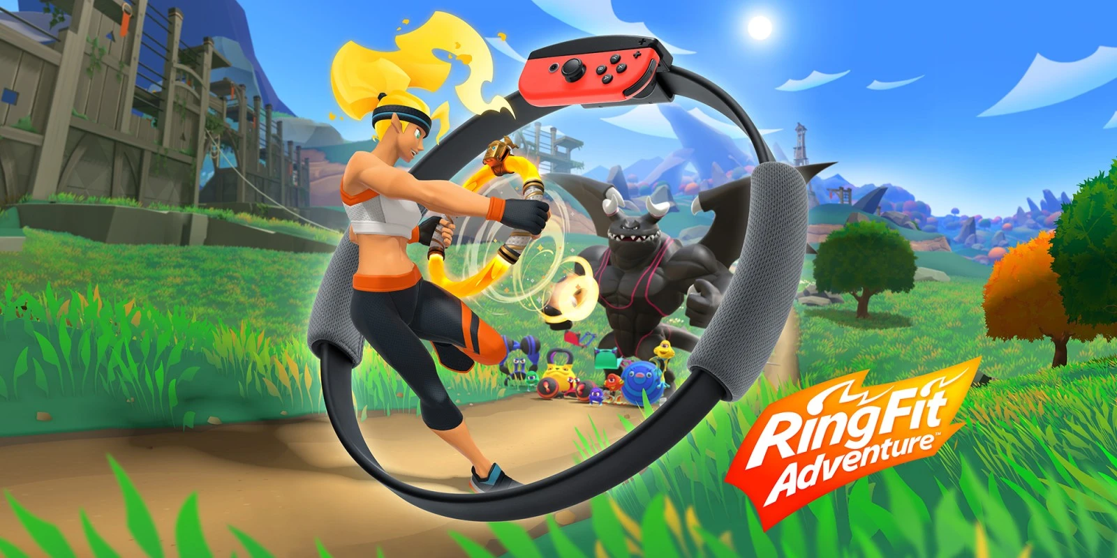 The key art for Ring Fit Adventure, featuring the female protagonist performing an archery pose with the Ring-Con, aiming at the antagonist Dragaux, with various fitness equipment characters in the background, all in a vibrant outdoor setting.