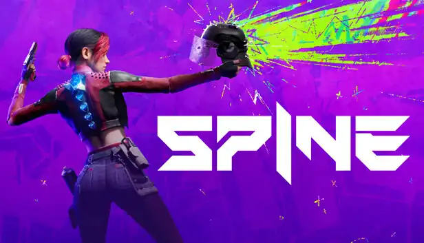 Promotional image for the game SPINE, showing a female character with a gun and a fragmented helmet against a purple background.