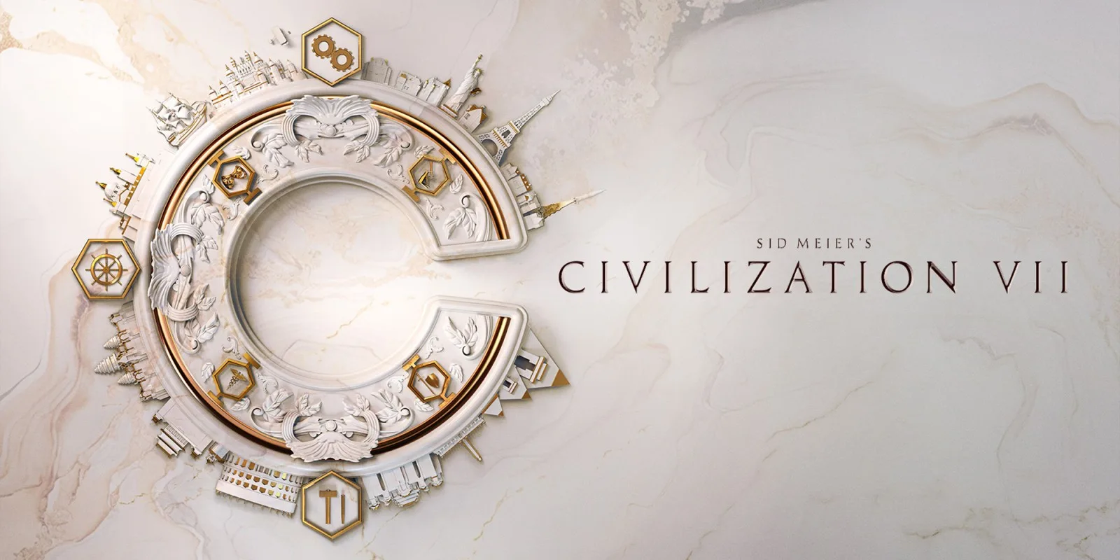 The logo for Sid Meier's Civilization VII – Switch 2 Edition, a large white 'C' intricately decorated with gold accents and miniatures of famous architectural wonders and symbols of progress, all against a marble-textured background.