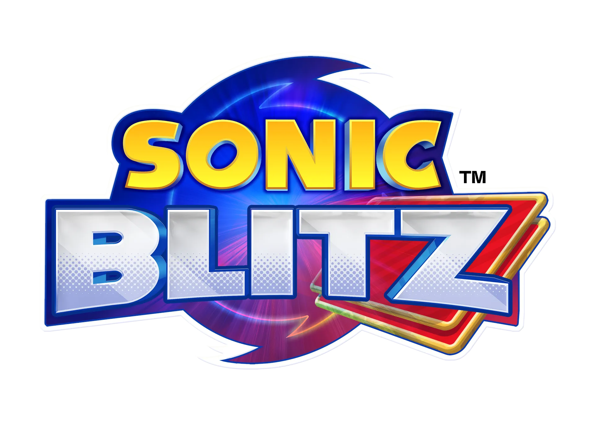 The logo for the mobile game Sonic Blitz, featuring the words "Sonic" in yellow and "Blitz" in blue and white, with stylized cards behind the word "Blitz."