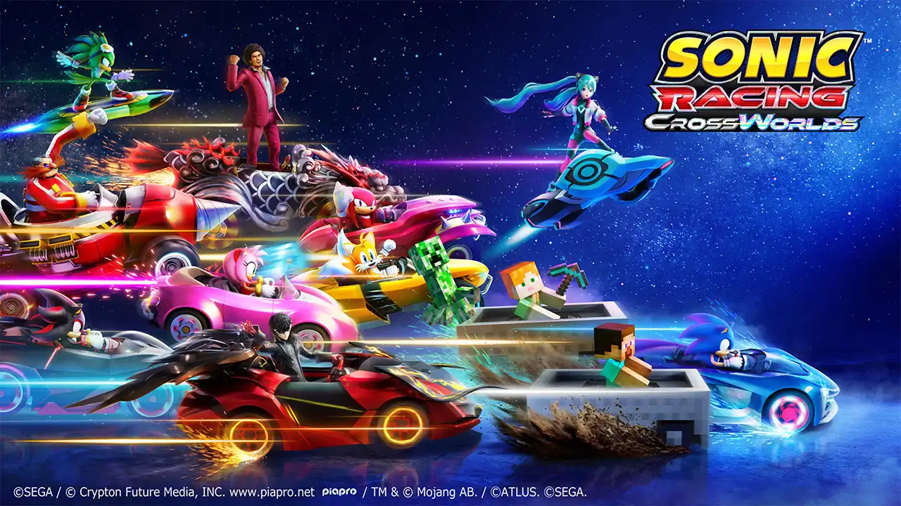 The key art for Sonic Racing: CrossWorlds, featuring an all-star cast including Sonic characters, Ichiban Kasuga from Yakuza, Hatsune Miku, and Minecraft characters, all racing on futuristic vehicles or gliding devices across a starry, dark blue background.
