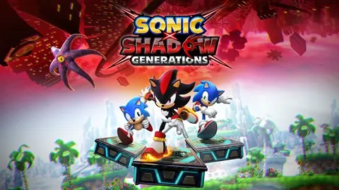 The key art for Sonic x Shadow Generations, showing both Classic Sonic and Modern Sonic alongside Shadow the Hedgehog, with an ominous purple alien creature and futuristic cityscapes in the background.
