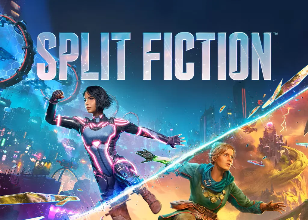 A promotional image for Split Fiction, featuring two characters from different-looking worlds.
