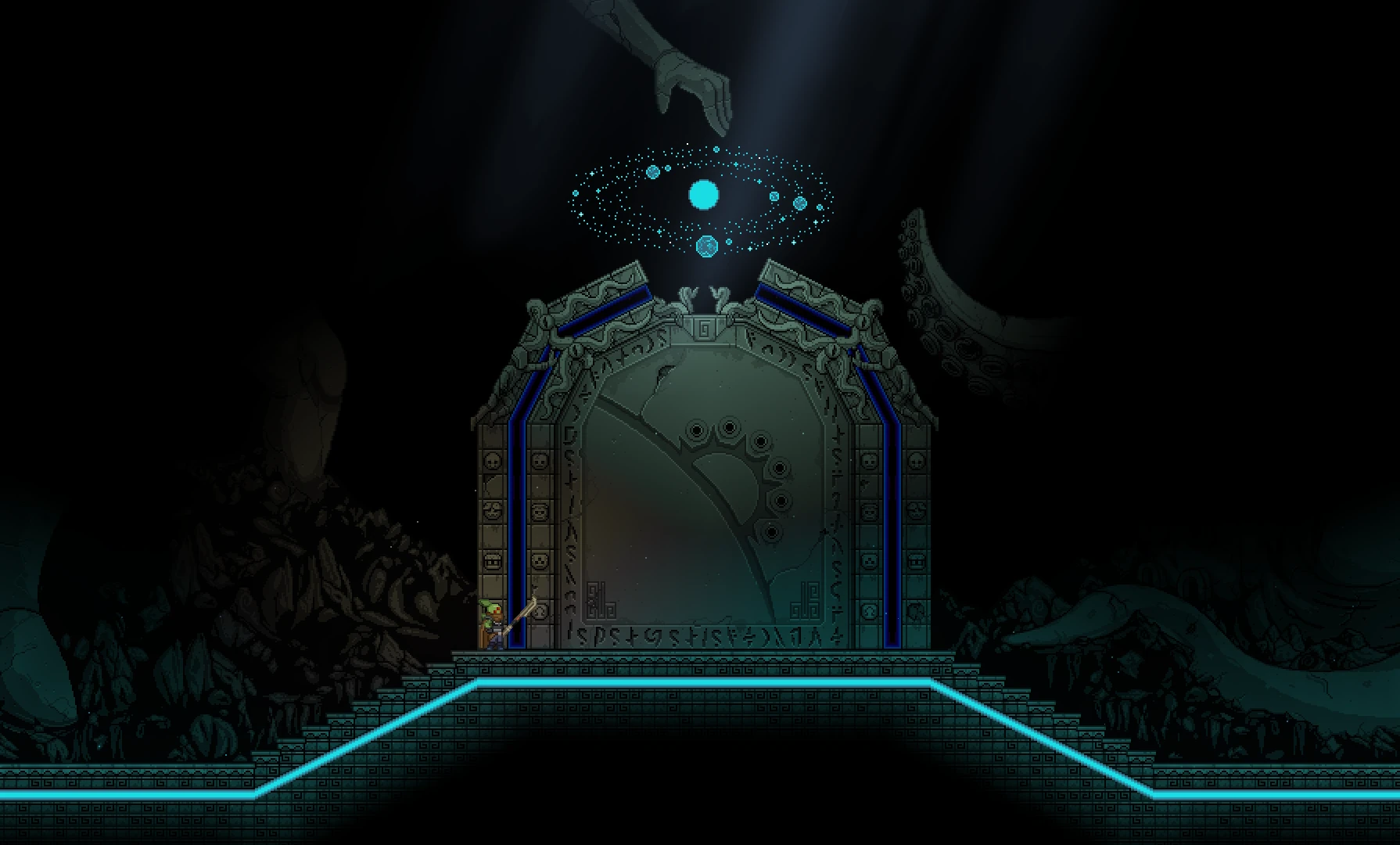 A screenshot from Starbound showing a character standing before a large, ornate gate under a glowing celestial body, with a giant hand reaching down from above.