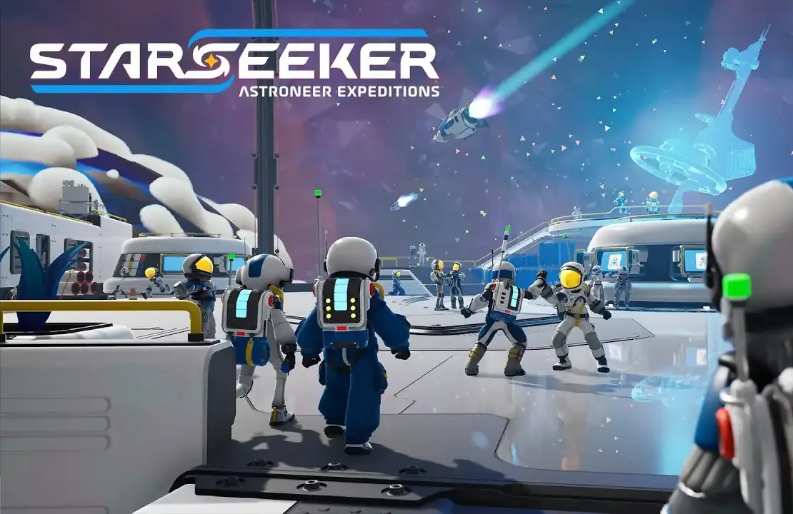 A promotional image for Starseeker: Astroneer Expeditions, showing several Astroneer characters in a futuristic space environment.