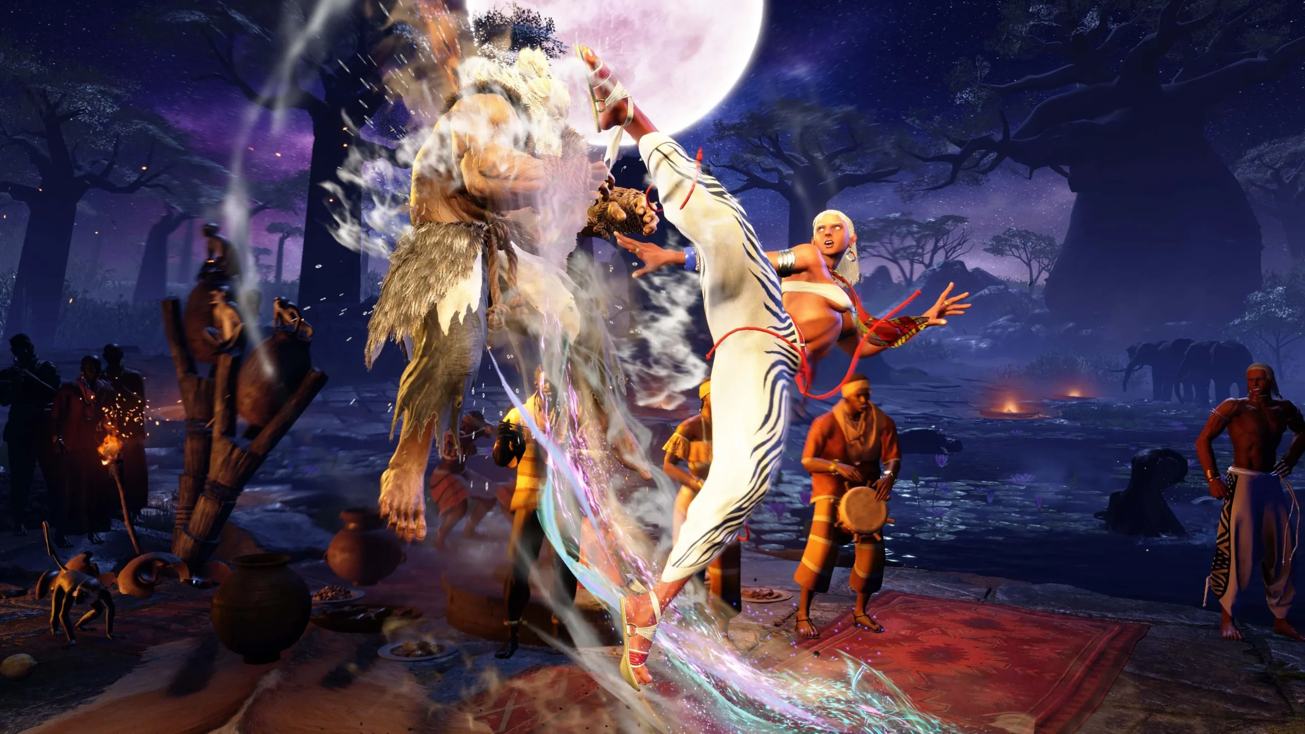Elena from Street Fighter 6 performing a high kick on an opponent in her new "Reniala Remains" stage under a full moon.