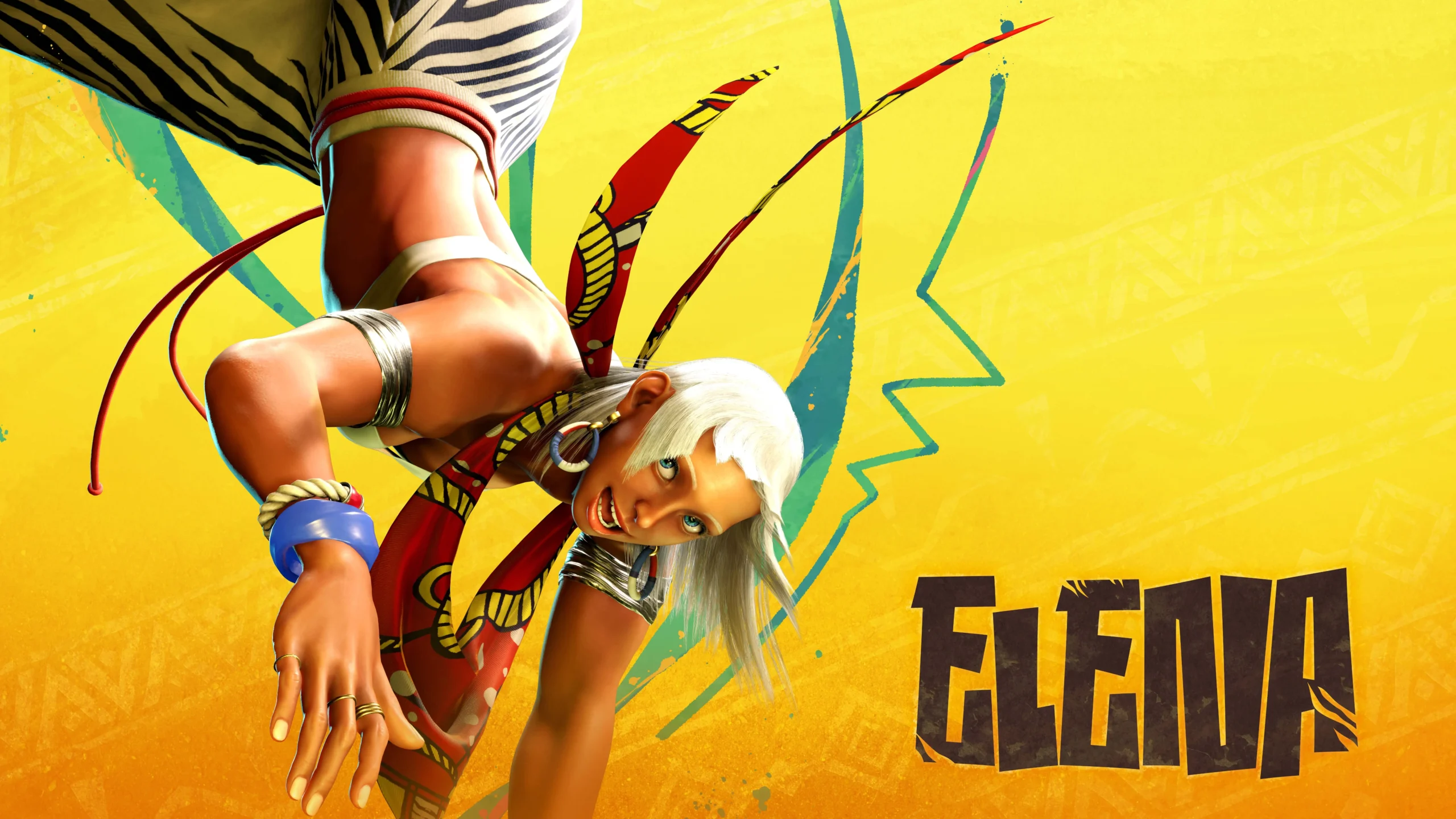 Elena from Street Fighter 6 in a dynamic pose against a vibrant yellow and green background, with "ELENA" text.