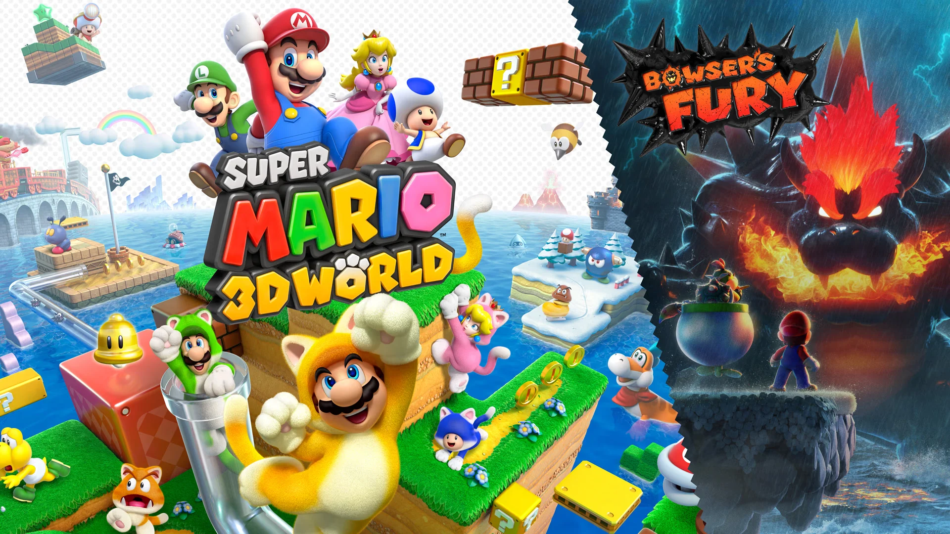 The key art for Super Mario 3D World + Bowser's Fury, divided into two themes: the left side shows Mario, Luigi, Peach, and Toad in a bright, colorful 3D platforming world, while the right side features a gigantic, enraged Bowser in a dark, stormy, volcanic environment.