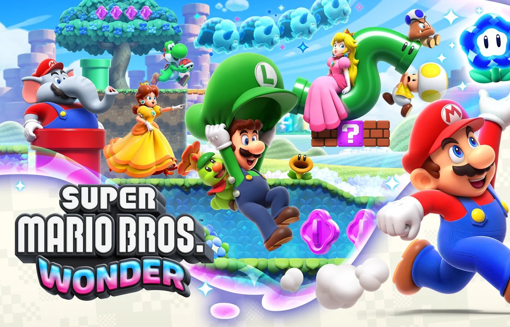 The key art for Super Mario Bros. Wonder, depicting various characters like Mario, Luigi, Peach, Daisy, Yoshi, and Toad in a fantastical, wavy-themed level with glowing power-ups and enemies.