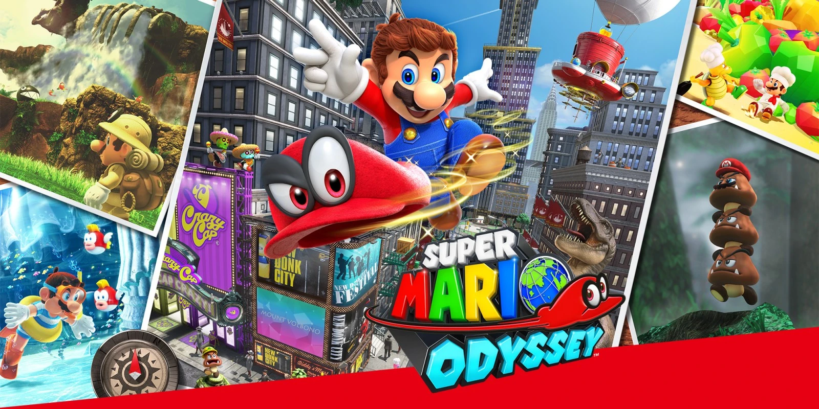 A collage of scenes from Super Mario Odyssey, featuring Mario and Cappy.