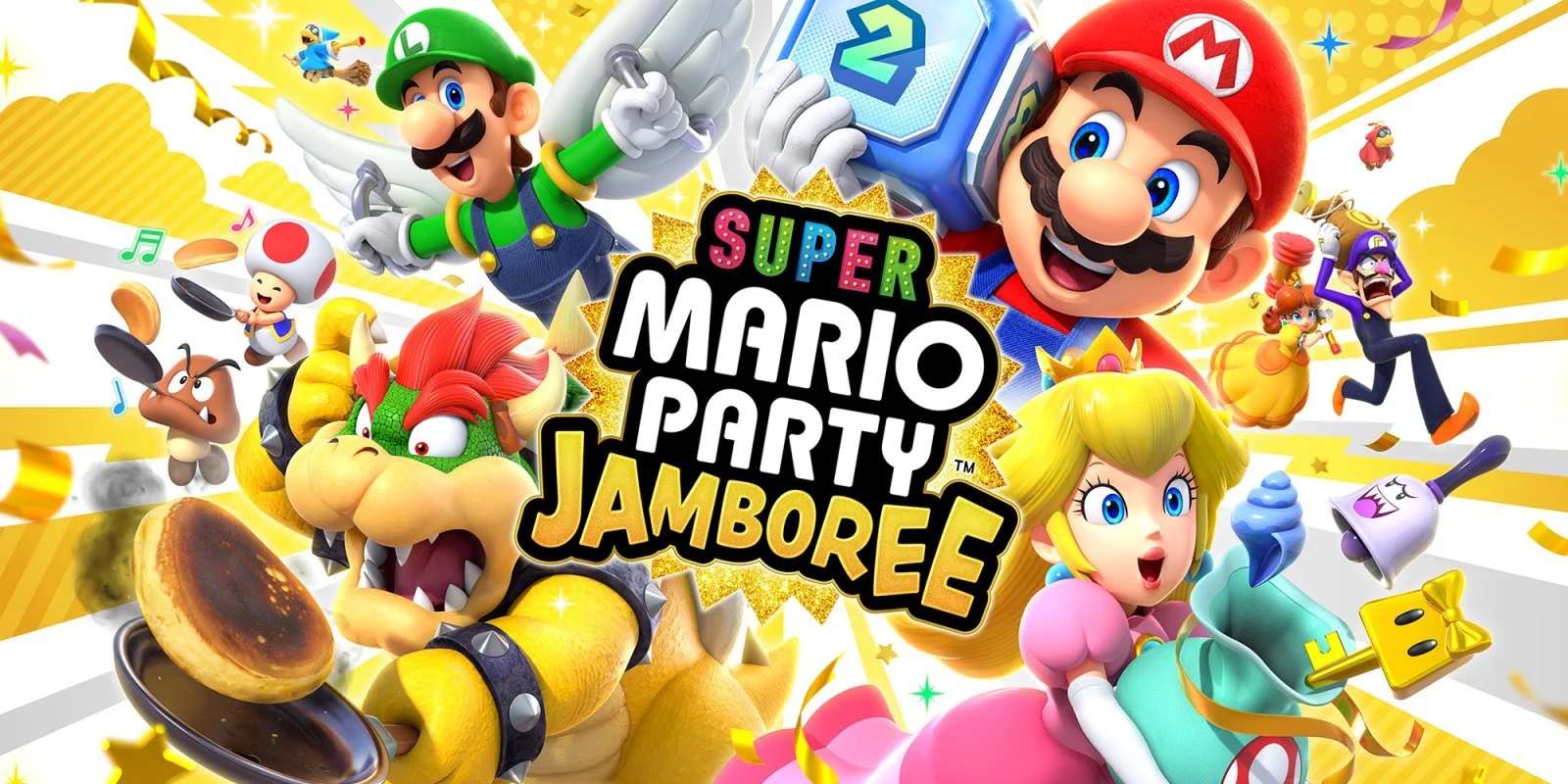 The key art for Super Mario Party Jamboree, showing Mario, Luigi, Princess Peach, Bowser, and other characters in dynamic poses, surrounded by confetti and items, against a golden-yellow background.