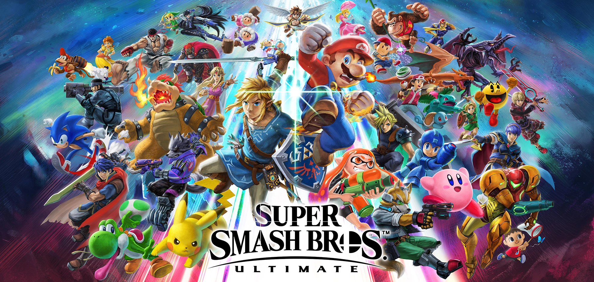 The key art for Super Smash Bros. Ultimate, depicting dozens of iconic video game characters from various franchises, including Mario, Link, Pikachu, Sonic, and Kirby, in dynamic action poses against a vibrant, energetic background.