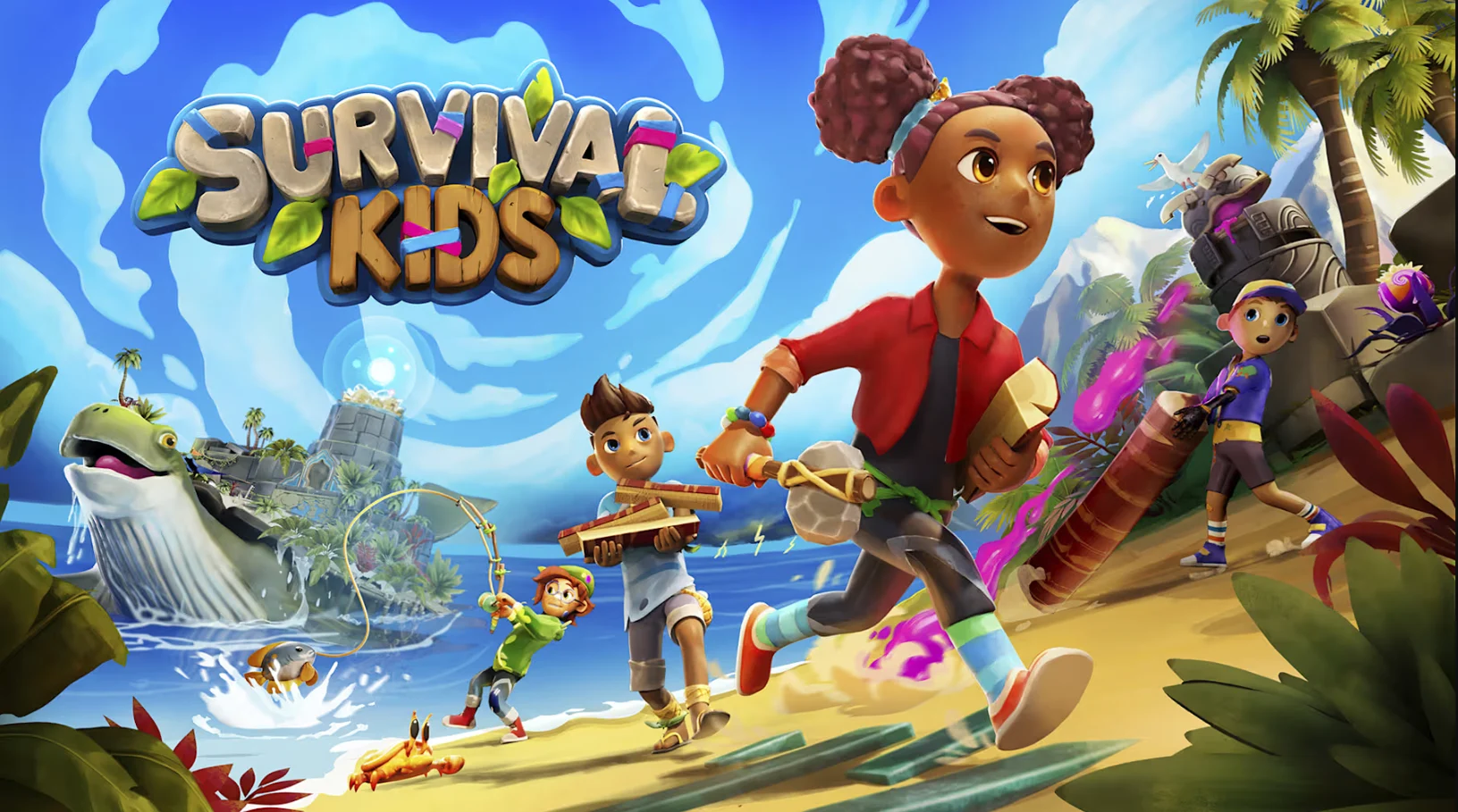 Promotional art for "Survival Kids" showing three children on a tropical beach with survival gear, a whale, and island elements.