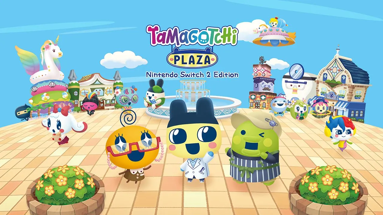 A cheerful promotional image for Tamagotchi Plaza – Nintendo Switch 2 Edition, featuring various Tamagotchi characters in a town square.
