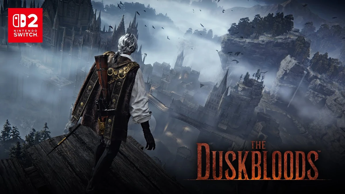 The key art for the game The Duskbloods, featuring a protagonist with white hair and a dark cloak, standing on a cliff edge and gazing out at a sprawling, foggy, gothic city with many spires, under a dark sky with flying birds. The Nintendo Switch logo is in the top left.