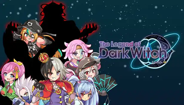A group of anime characters from The Legend of Dark Witch Episode 4, with a shadowy figure in the background.