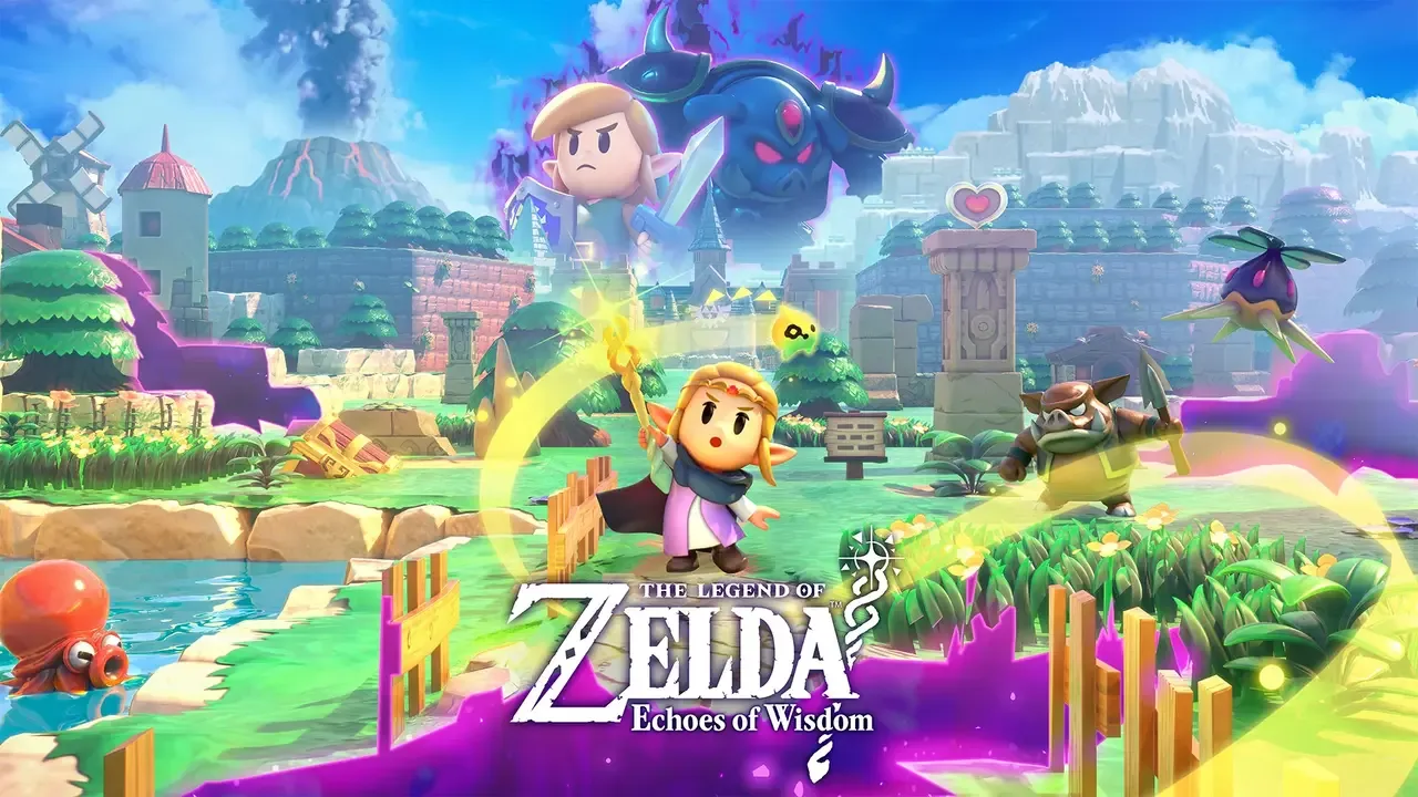 The key art for The Legend of Zelda: Echoes of Wisdom, showing a cel-shaded Princess Zelda with a glowing staff, a shadowy, frowning Link-like figure, and various monsters in a vibrant, stylized Hyrule landscape.