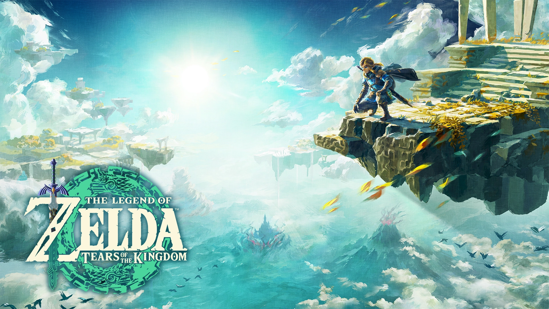 The key art for The Legend of Zelda: Tears of the Kingdom, featuring Link standing on a floating island cliff, gazing at a sprawling land below with distant mountains, floating islands, and a bright sky. The game's logo is in the bottom left.