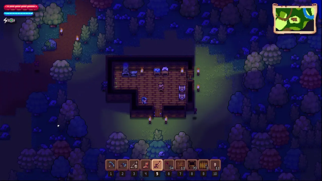 A top-down screenshot from Tinkerlands at night, showing a character inside a lit house surrounded by a dark forest, with a minimap in the corner.